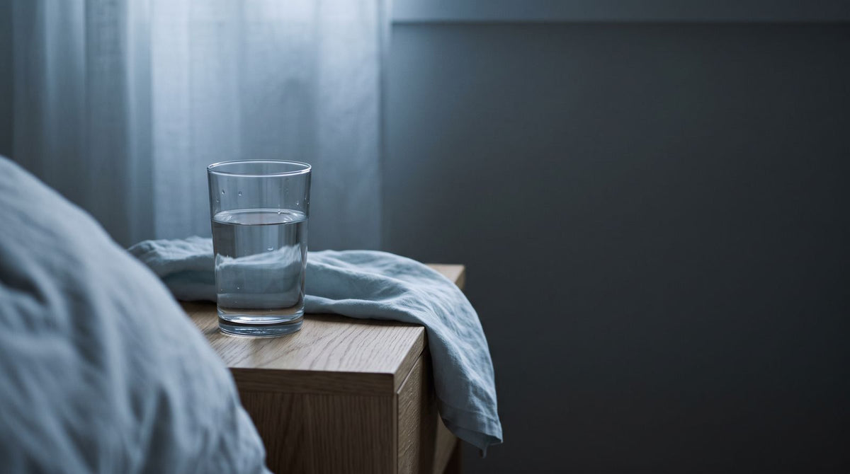Een glas water op het nachtkastje bij dageraad