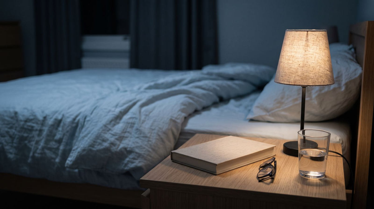 Een bedlampje naast het bed in de avond