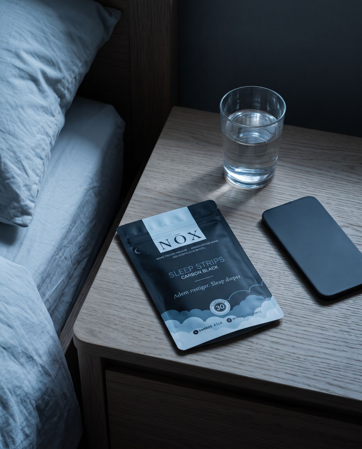 De NŌX pouch, een glas water en een telefoon op het nachtkastje