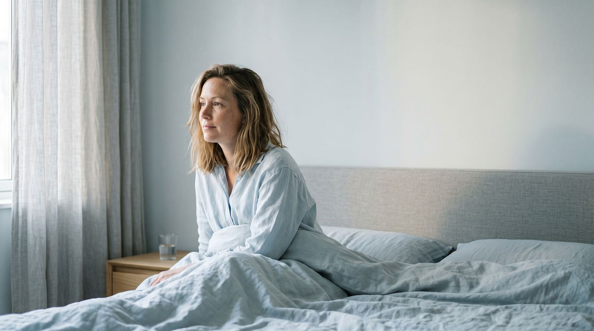 Iemand zit rechtop in bed bij ochtendlicht